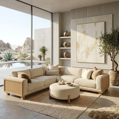 PRITI Wood Acacia Frame Boucle Upholstered Sectional 5 Seater Sofa – Elegant Modern Comfort