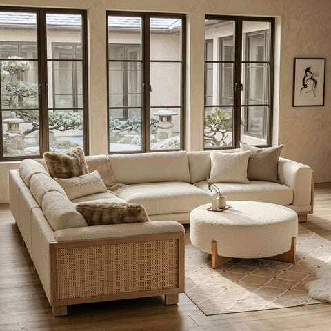 PRITI Wood Acacia Frame Boucle Upholstered Sectional 5 Seater Sofa – Elegant Modern Comfort