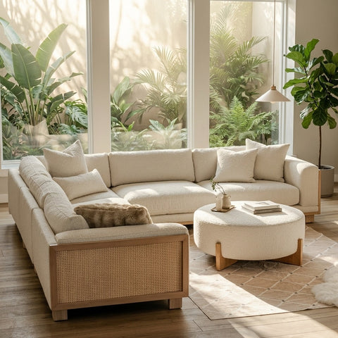 PRITI Wood Acacia Frame Boucle Upholstered Sectional 5 Seater Sofa – Elegant Modern Comfort