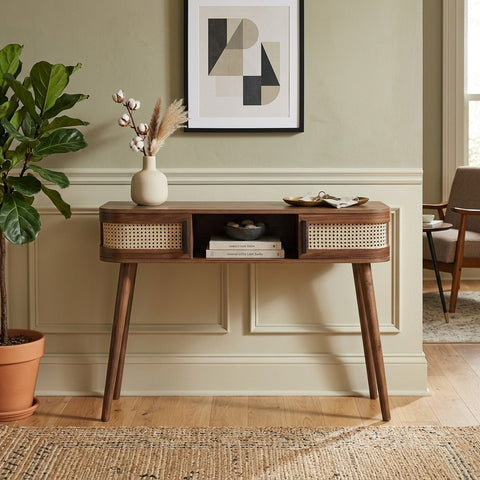 PRITI Curved Rattan 2-Door Console Table, Walnut