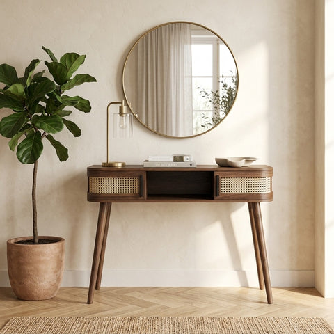 PRITI Curved Rattan 2-Door Console Table, Walnut
