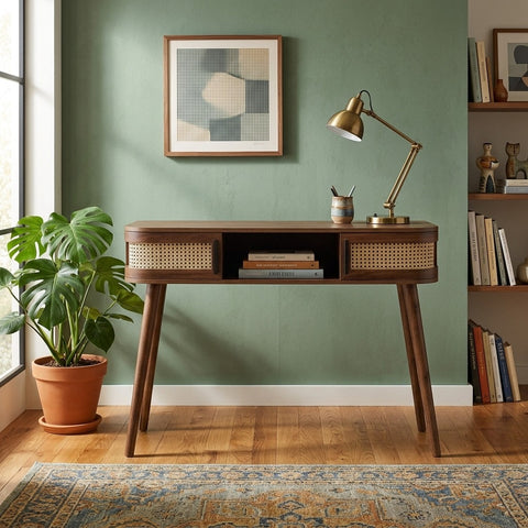 PRITI Curved Rattan 2-Door Console Table, Walnut
