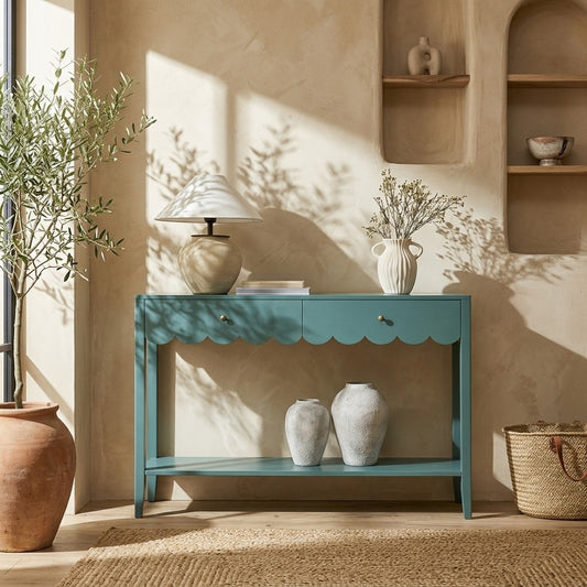 PRITI Scalloped Edge Console Table, Blue Spruce