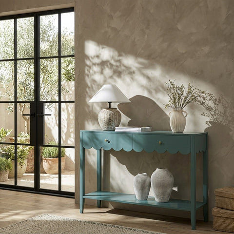 PRITI Scalloped Edge Console Table, Blue Spruce