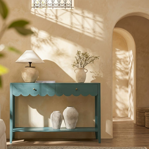 PRITI Scalloped Edge Console Table, Blue Spruce