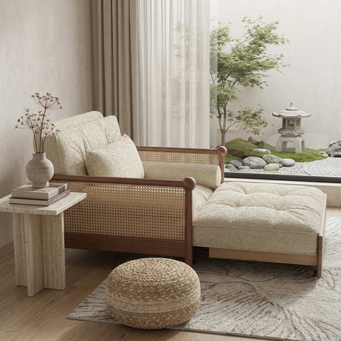 PRITI Rattan Weaving Armrests Cream Bouclé Upholstered Retro Sofa Bed with Underneath Storage