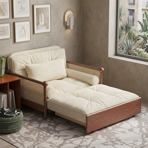 PRITI Rattan Weaving Armrests Cream Bouclé Upholstered Retro Sofa Bed with Underneath Storage