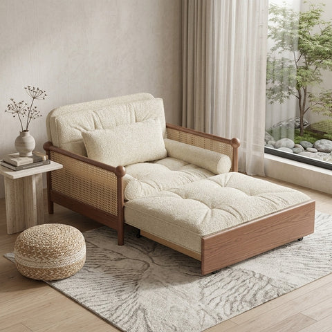 PRITI Rattan Weaving Armrests Cream Bouclé Upholstered Retro Sofa Bed with Underneath Storage