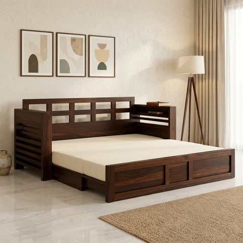 PRITI Solid Wood Sheesham Sofa Cum Bed | Solid Wood Sofa Come Bed (Walnut Finish)
