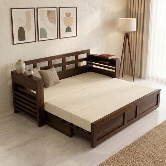 PRITI Solid Wood Sheesham Sofa Cum Bed | Solid Wood Sofa Cum Bed (Walnut Finish)