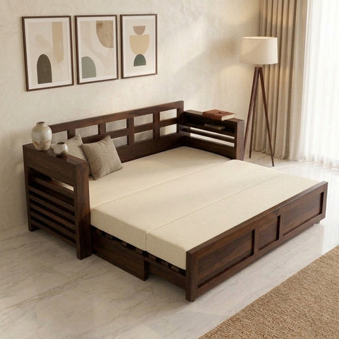 PRITI Solid Wood Sheesham Sofa Cum Bed | Solid Wood Sofa Come Bed (Walnut Finish)