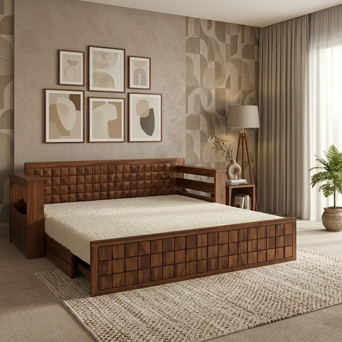 PRITI Solid Sheesham Wood 3 Seater Sofa Cum Bed With Headboard and Mini Storage