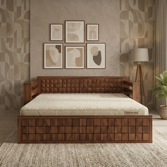 PRITI Solid Sheesham Wood 3 Seater Sofa Cum Bed With Headboard and Mini Storage