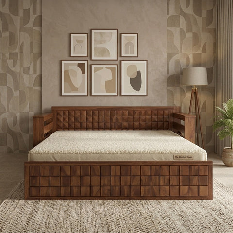 PRITI Solid Sheesham Wood 3 Seater Sofa Cum Bed With Headboard and Mini Storage