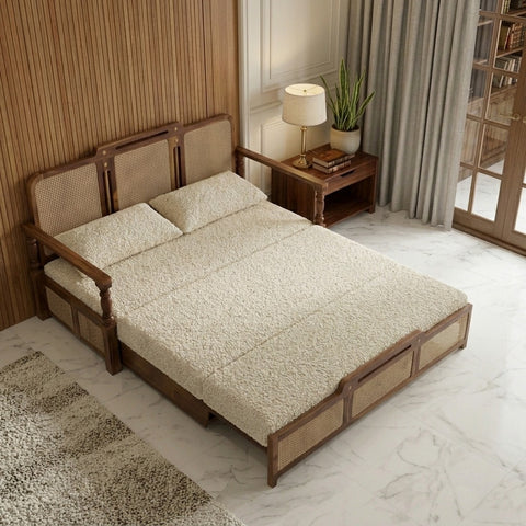 PRITI Sheesham Wood 3 Seater Sofa Cum Bed with Cane Weaving & Premium