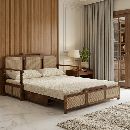 PRITI Sheesham Wood 3 Seater Sofa Cum Bed with Cane Weaving & Premium