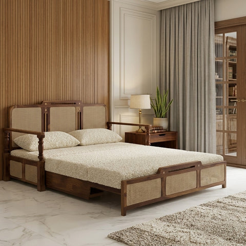 PRITI Sheesham Wood 3 Seater Sofa Cum Bed with Cane Weaving & Premium