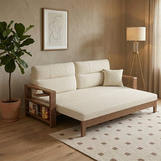 PRITI Sofa Cum Bed with Wide Armrest and Storage Shelf