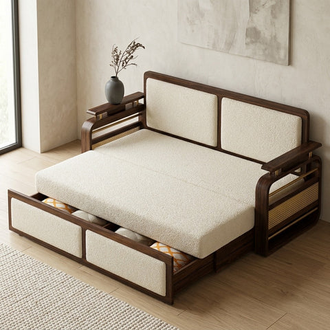 PRITI Solid Sheesham Wood 3 Seater Sofa Cum Bed With Headboard and Brass Detailing - 2 Years Warranty