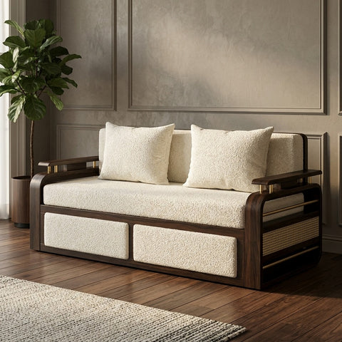 PRITI Solid Sheesham Wood 3 Seater Sofa Cum Bed With Headboard and Brass Detailing - 2 Years Warranty