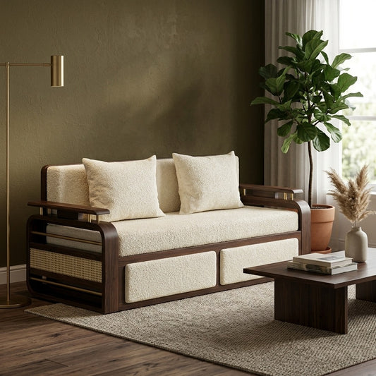 PRITI Solid Sheesham Wood 3 Seater Sofa Cum Bed With Headboard and Brass Detailing - 2 Years Warranty