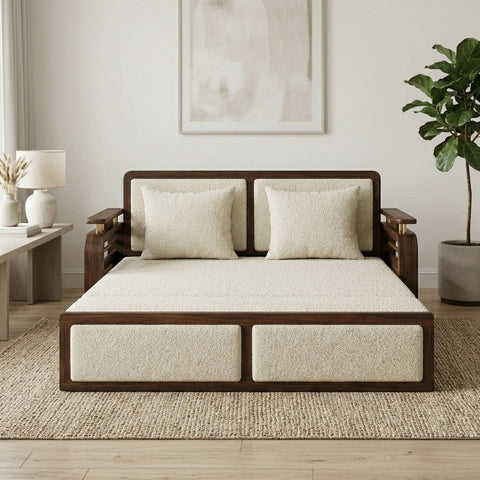 PRITI Solid Sheesham Wood 3 Seater Sofa Cum Bed With Headboard and Brass Detailing - 2 Years Warranty