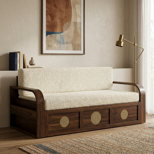 PRITI Solid Sheesham Wood 3 Seater Sofa Cum Bed with Headboard Design