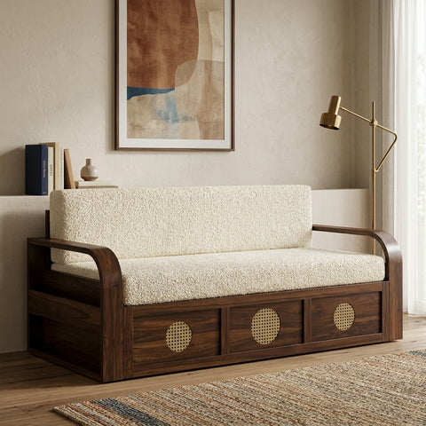 PRITI Solid Sheesham Wood 3 Seater Sofa Cum Bed with Headboard Design