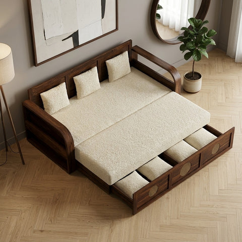 PRITI Solid Sheesham Wood 3 Seater Sofa Cum Bed with Headboard Design