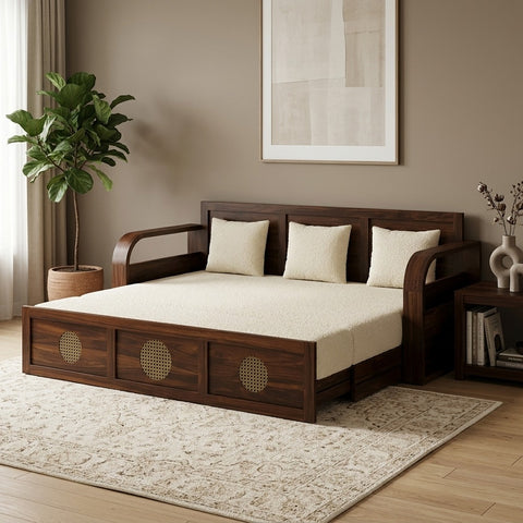 PRITI Solid Sheesham Wood 3 Seater Sofa Cum Bed with Headboard Design