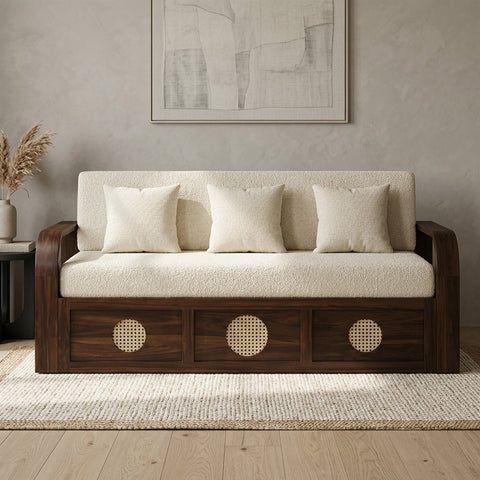 PRITI Solid Sheesham Wood 3 Seater Sofa Cum Bed with Headboard Design