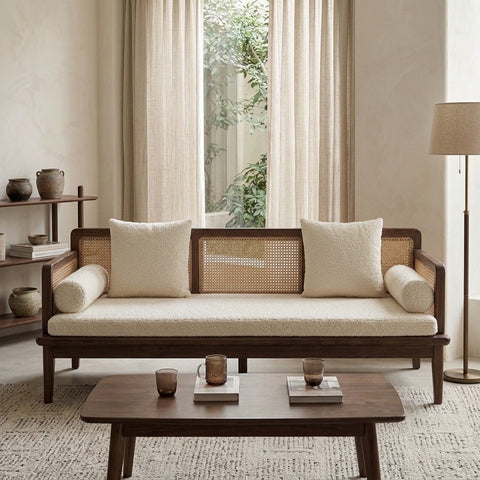 PRITI Solid Wood and Cane Weaving Sofa Come Bed