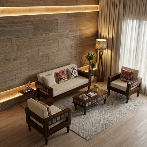 PRITI Solid Sheesham Wood Sofa Set | Wooden Sofa for Living Room | 3 + 1 + 1 Sofa Set