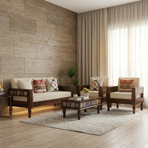 PRITI Solid Sheesham Wood Sofa Set | Wooden Sofa for Living Room | 3 + 1 + 1 Sofa Set