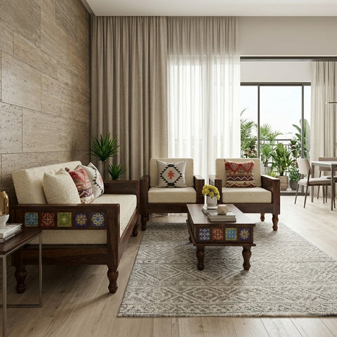PRITI Solid Sheesham Wood Sofa Set | Wooden Sofa for Living Room | 3 + 1 + 1 Sofa Set