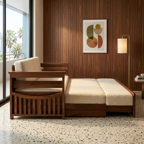 PRITI Solid Sheesham Wood 3 Seater Sofa Cum Bed With Headboard and Mini Storage