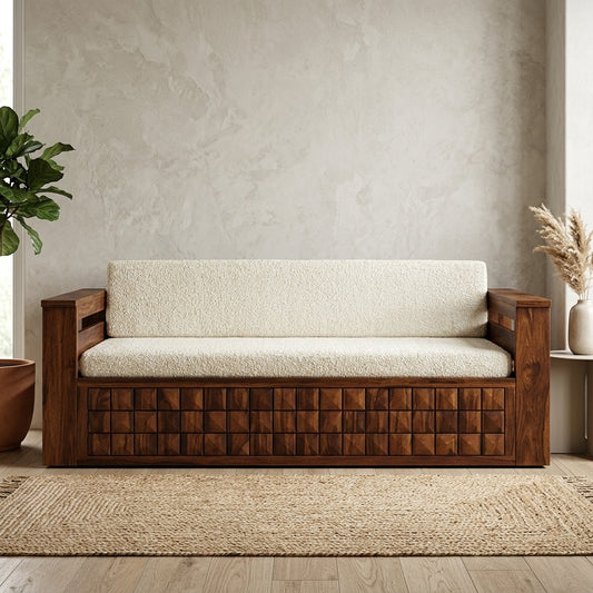 PRITI Solid Sheesham Wood 3 Seater Sofa Cum Bed With Headboard and Mini Storage