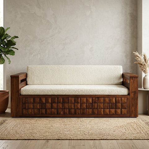 PRITI Solid Sheesham Wood 3 Seater Sofa Cum Bed With Headboard and Mini Storage