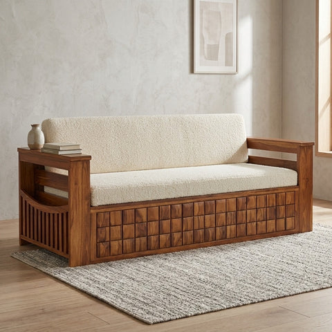 PRITI Solid Sheesham Wood 3 Seater Sofa Cum Bed With Headboard and Mini Storage