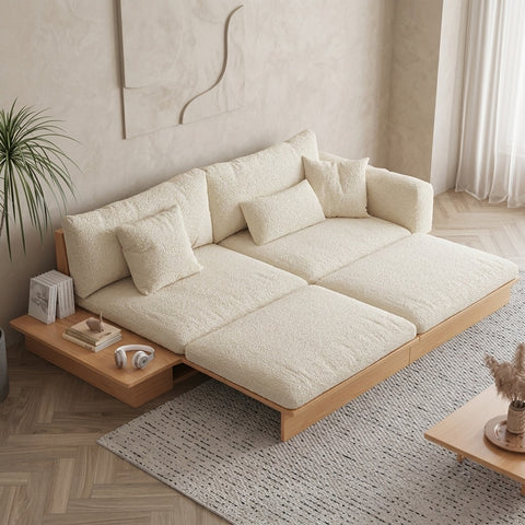 PRITI Solid Wood Sofa Come Bed with Liftable Armrest Storage Box