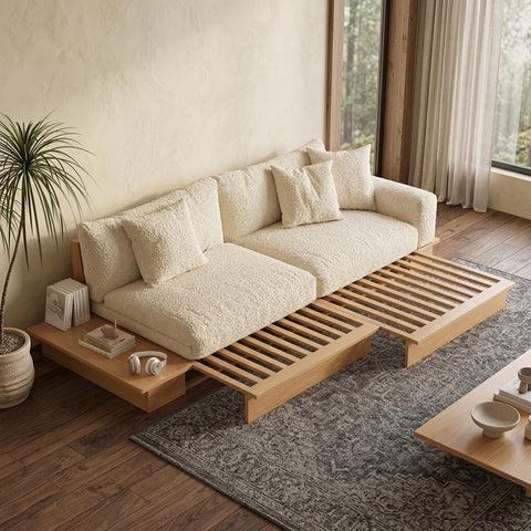 PRITI Solid Wood Sofa Come Bed with Liftable Armrest Storage Box