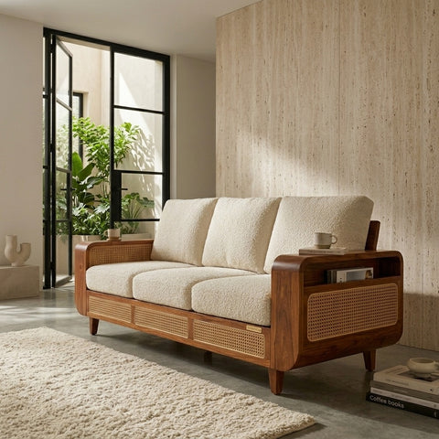 PRITI Sheesham Wood and Cane Sofa for Living Room