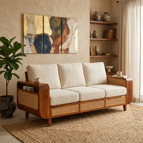 PRITI Sheesham Wood and Cane Sofa for Living Room