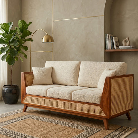 PRITI Sheesham Wood and Cane Sofa for Living Room