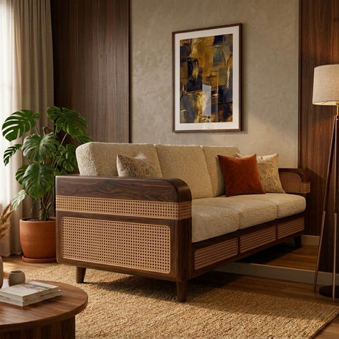PRITI Sheesham Wood and Cane Sofa for Living Room