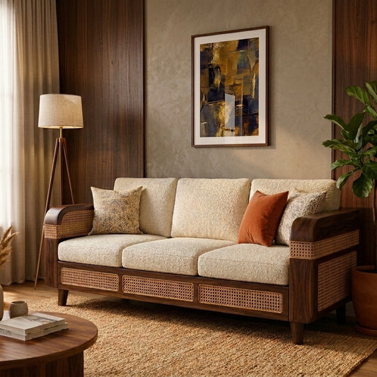 PRITI Sheesham Wood and Cane Sofa for Living Room