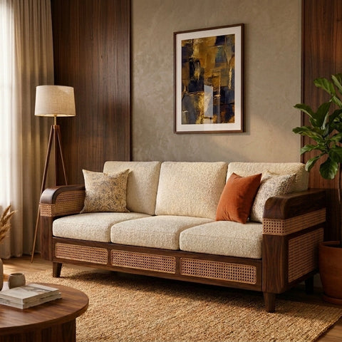 PRITI Sheesham Wood and Cane Sofa for Living Room