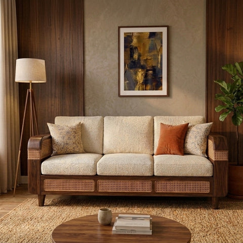 PRITI Sheesham Wood and Cane Sofa for Living Room