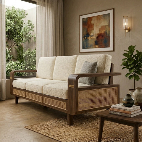 PRITI Sheesham Wood and Cane Sofa for Living Room