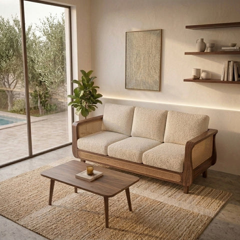 PRITI Sheesham Wood and Cane Sofa for Living Room
